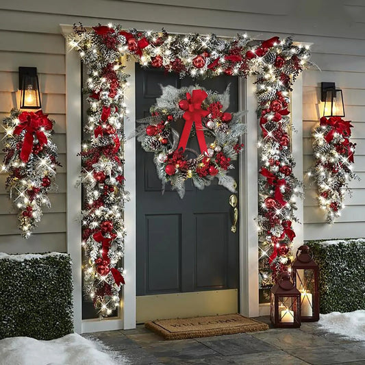 Christmas Wreath Rattan Decoration Outdoor Garden Front Door Red Bow Garland Hanging Mall Hotel Entrance Christmas Party Decor