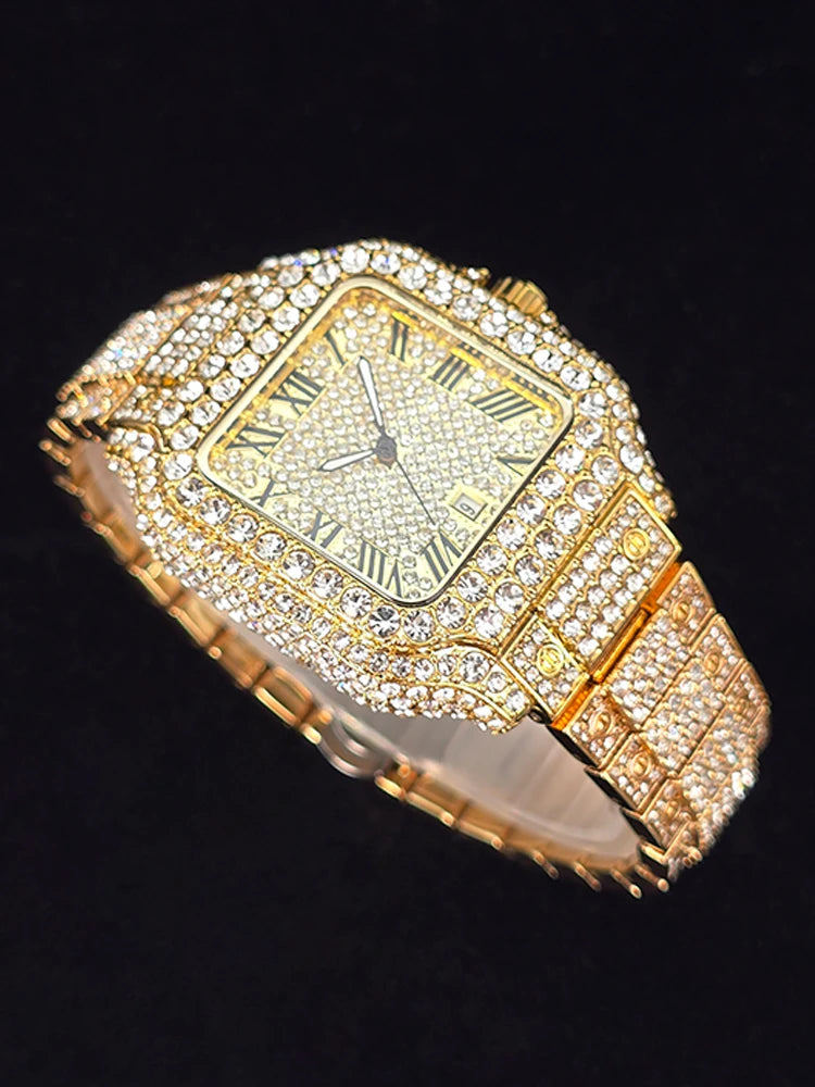 Men's Hip Hop Quartz Watch Fashion Iced out Diamond Men Watch Square Dial Calendar Luminous Feature Wristwatches Gift for Man