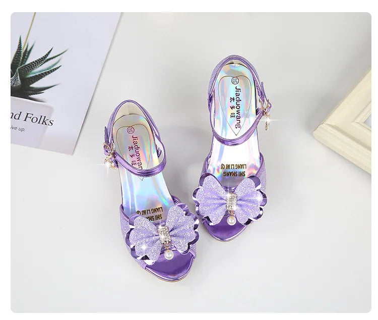 2025 Children Princess Sandals Kids Girls Wedding Shoes High Heels Dress Shoes Bowtie Gold Pink Blue Silver Shoes For Girls