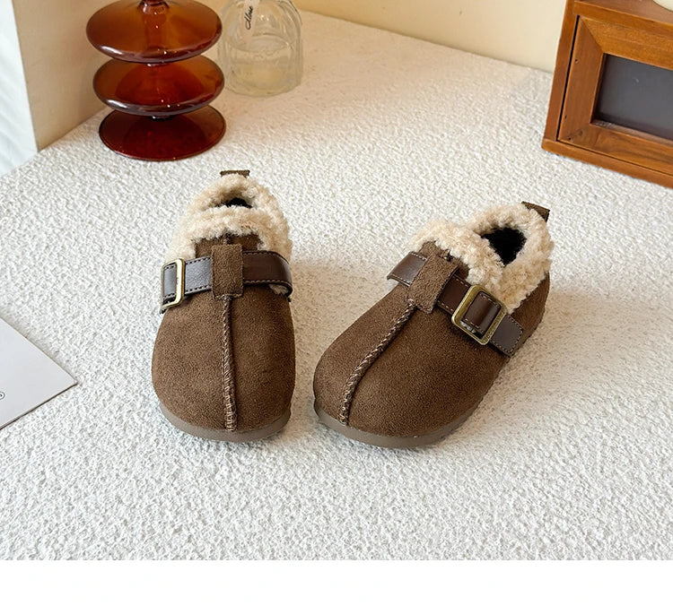 025 Winter New Children's Cotton Shoes for Girls; Soft Bottom One-piece Fur Warm Leather Shoes