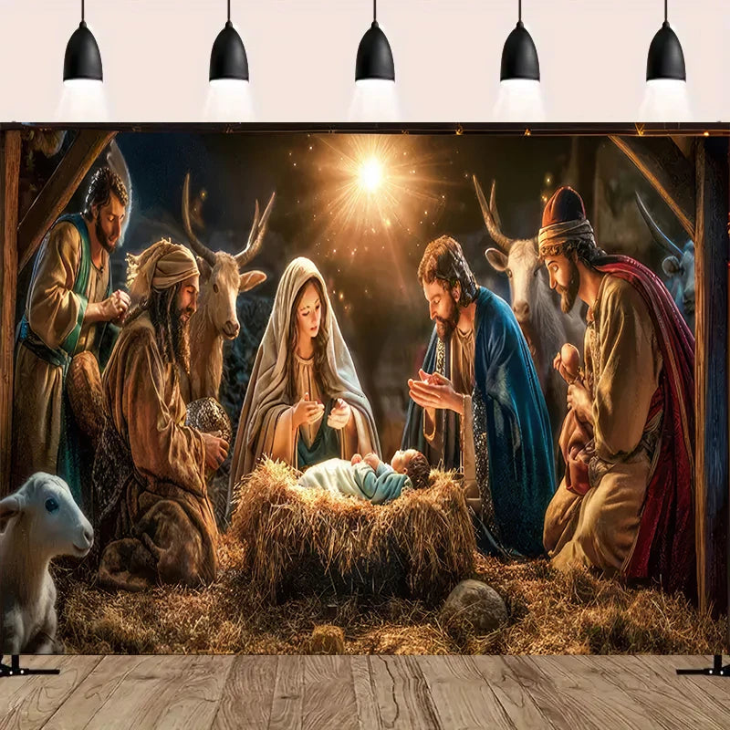 Nativity Scene Starry Night Tapestry Wall Hanging Religious Manger Scene Tapestries Traditional Christmas Birthday Wall Decor