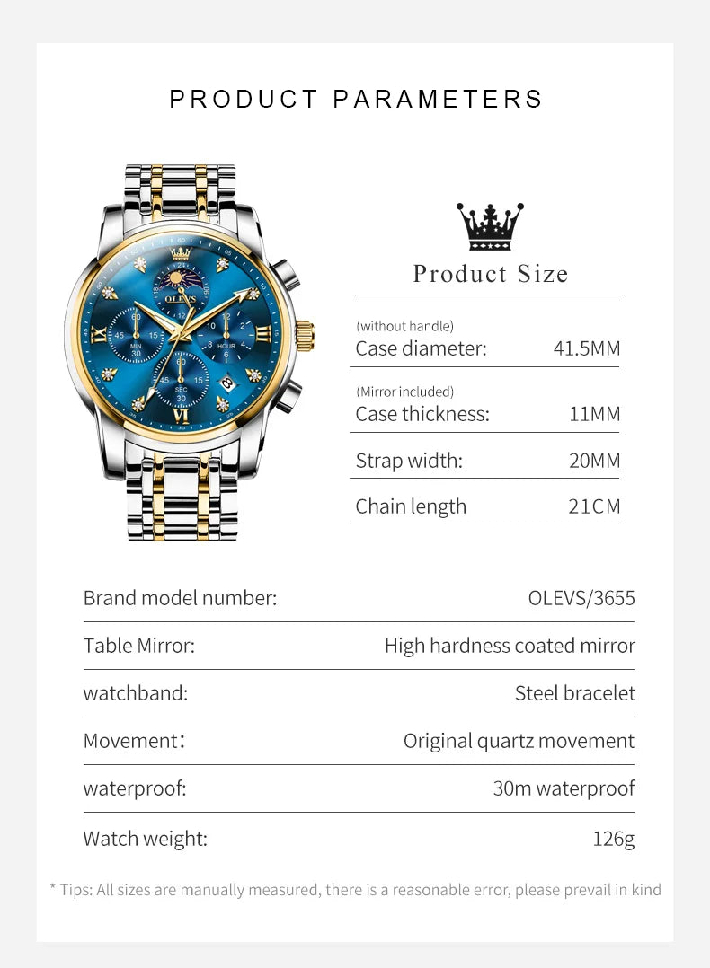 OLEVS 3655 Original New Quartz Watch for Men Chronograph Waterproof Business Man Watch Wristwatch Stainless Steel Luxury Watch