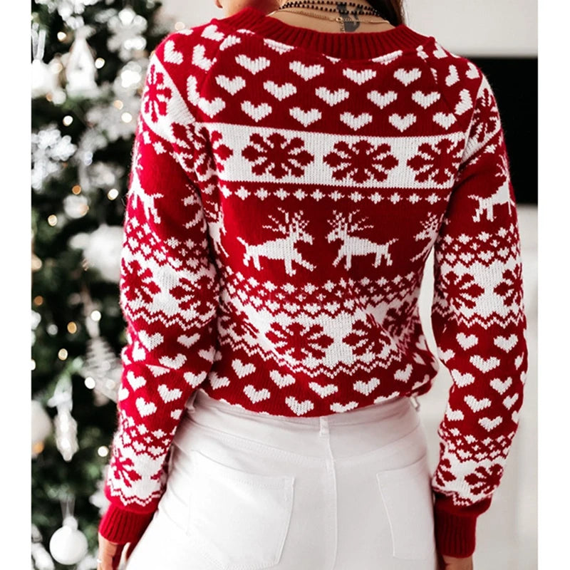 2025 Winter Women Christmas Sweater Snowflak Print Knitted Jumpers Full Sleeve Knitwear Casual Soft Jacquard Pullover Xmas Look