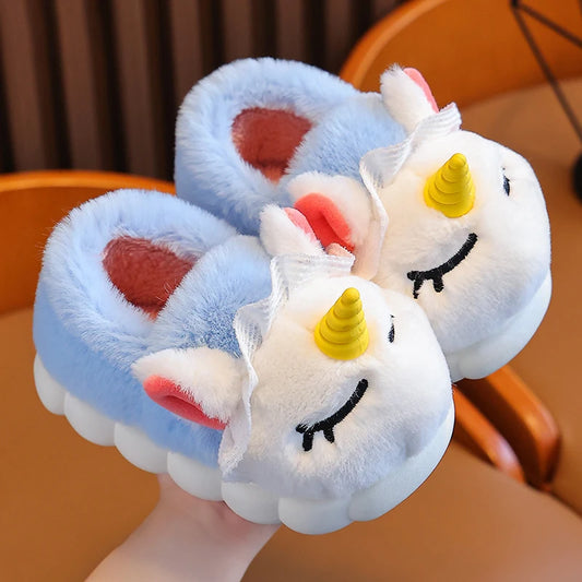 Unicorn Plush Slippers for Girls, Winter Warm Closed-Toe Anti-Slip Indoor House Cotton Slippers