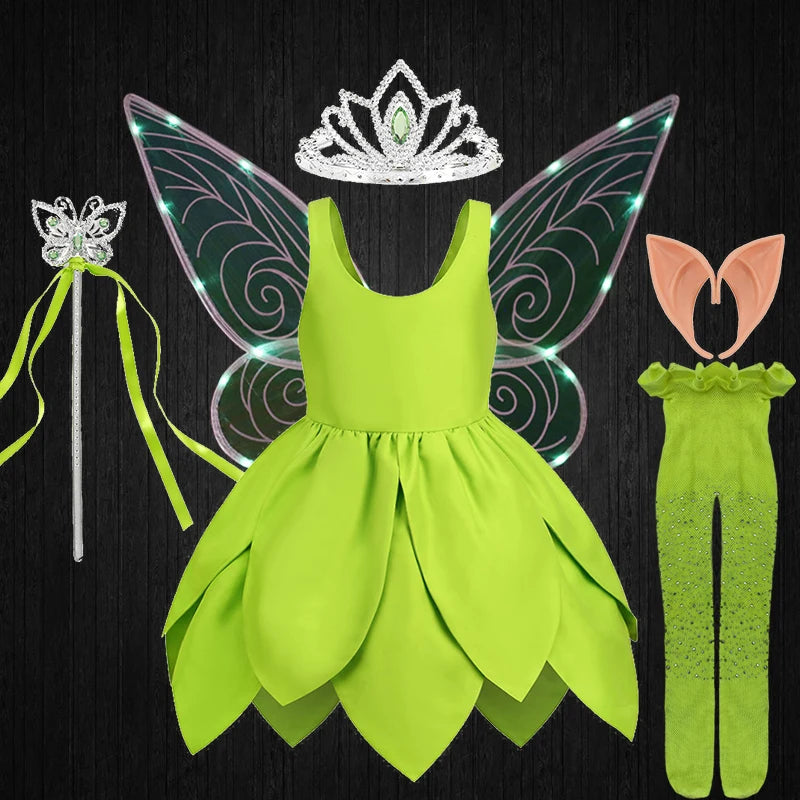 Summer Fancy Girl Green Elf Tinker Bell Backless Dress Christmas Halloween Kids Cosplay Birthday Party Fairy Princess Costumes