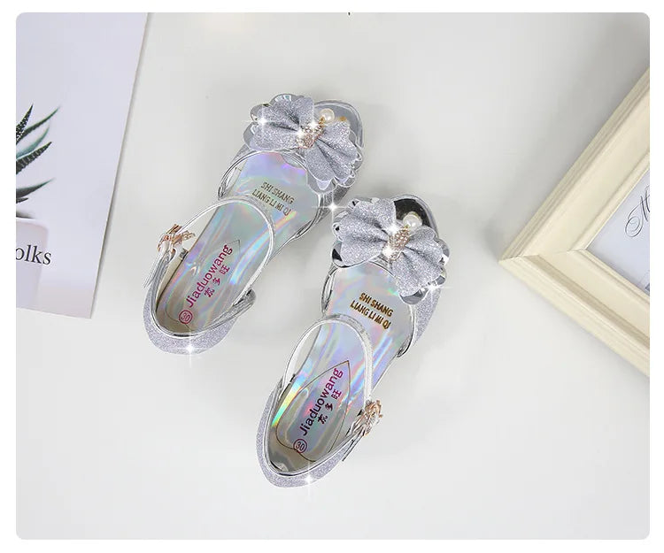 2025 Children Princess Sandals Kids Girls Wedding Shoes High Heels Dress Shoes Bowtie Gold Pink Blue Silver Shoes For Girls