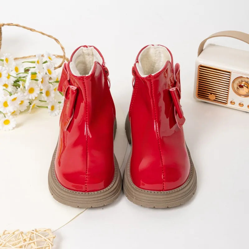 Children's Ankle Boots Winter New Girls Fashion Platform Boots Glossy PU Warm Kids Causal Cotton Boots Sweet Bowknot Versatile