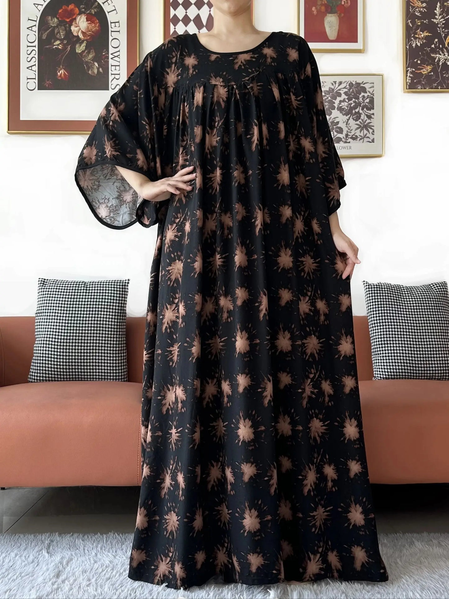 2025 New Loose Floral Dress Short Sleeve Cotton Women Abaya with Big Scarf Boho Maxi Dress Casual Fashion Dress African Vestidos