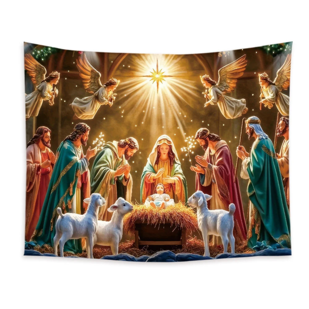 Nativity Scene Starry Night Tapestry Wall Hanging Religious Manger Scene Tapestries Traditional Christmas Birthday Wall Decor