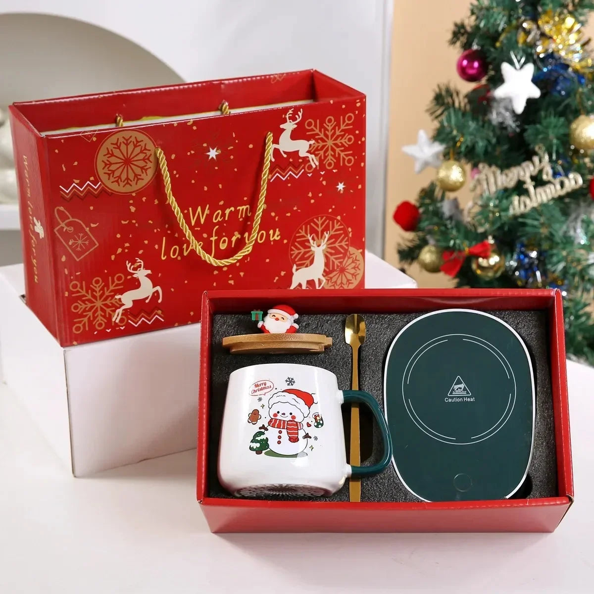 New Year Heartwarming Christmas Gift Set:Thermostat Mugs Cup Santa Claus Ceramic Cup Lid Spoon Mugs Coffee Cups Office or Home