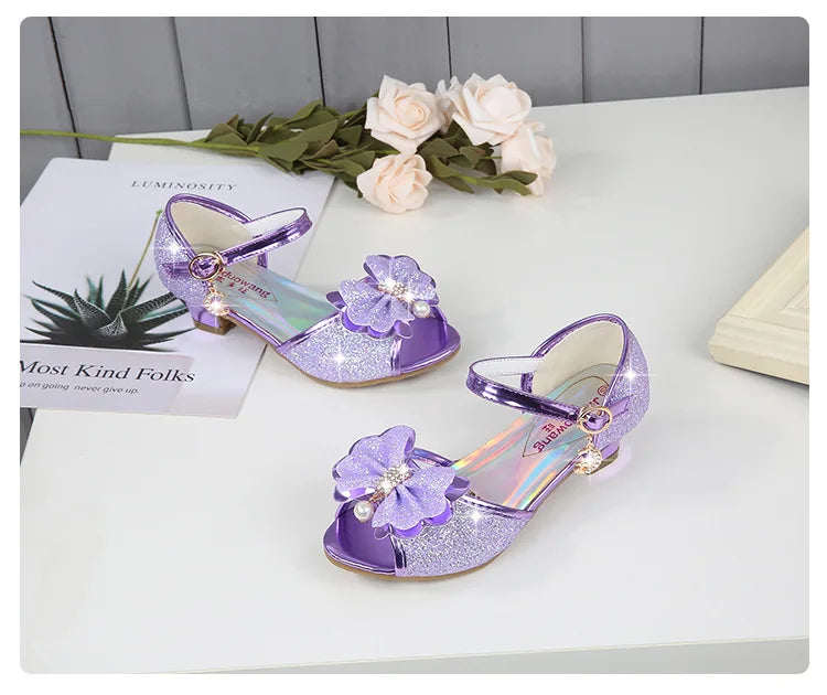 2025 Children Princess Sandals Kids Girls Wedding Shoes High Heels Dress Shoes Bowtie Gold Pink Blue Silver Shoes For Girls