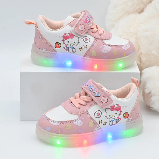 2025 LED Kids Shoes for Girls Cute Cartoon Hello Kitty Shoes Baby Girl Kawaii Canvas Shoes Soft Bottom Sneakers Casual Shoes