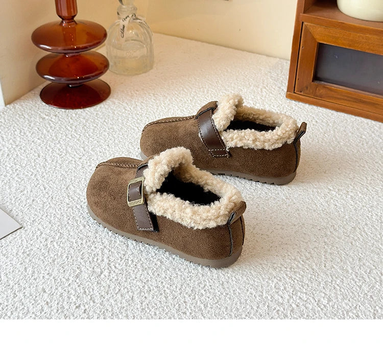 025 Winter New Children's Cotton Shoes for Girls; Soft Bottom One-piece Fur Warm Leather Shoes