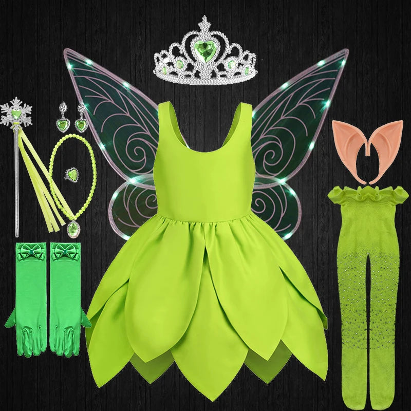 Summer Fancy Girl Green Elf Tinker Bell Backless Dress Christmas Halloween Kids Cosplay Birthday Party Fairy Princess Costumes