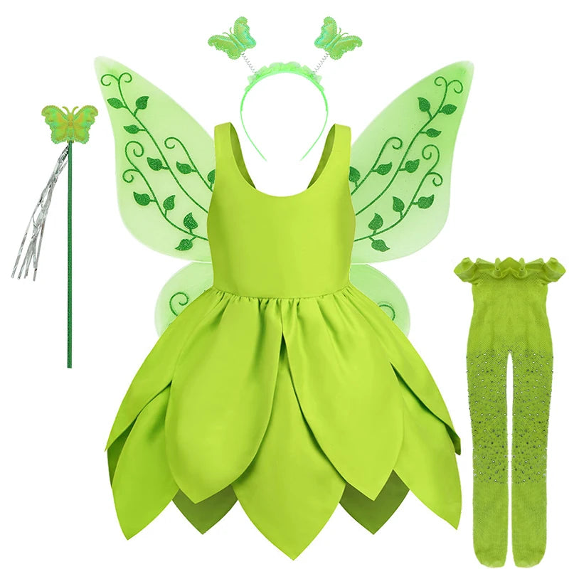 Summer Fancy Girl Green Elf Tinker Bell Backless Dress Christmas Halloween Kids Cosplay Birthday Party Fairy Princess Costumes