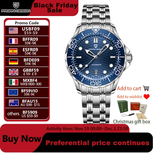 PAGANI DESIGN 2025 New V2 Waves 200M Diving Men's Watches Fashion Luxury Automatic Watch Men AR Sapphire crystal Wrist watch Men