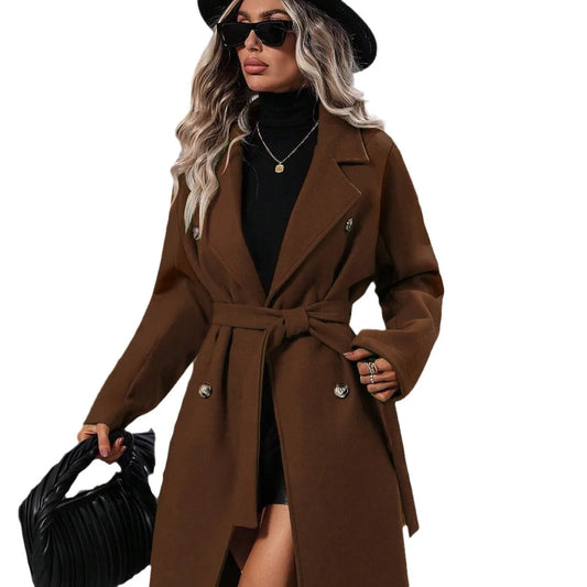 2025 Women's Double Breasted Wool Coat, Belted Trench with Lapel, New Autumn Winter Long Overcoat