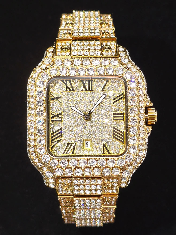 Men's Hip Hop Quartz Watch Fashion Iced out Diamond Men Watch Square Dial Calendar Luminous Feature Wristwatches Gift for Man