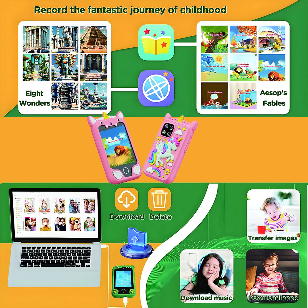 Kids Smart Phone 8GB 2.8'' Stories Music Camera Video Habit Tracking Baby Mobile Mini Toy Phone Educational Learning Tools Gifts