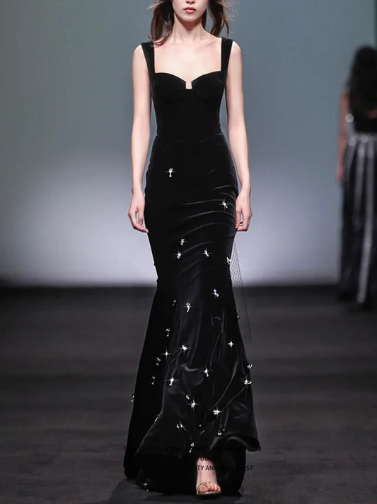 HIGH STREET Newest Fashion 2025 Designer Maxi Dresses Women's Beaded Spaghetti Velvet Long Dress