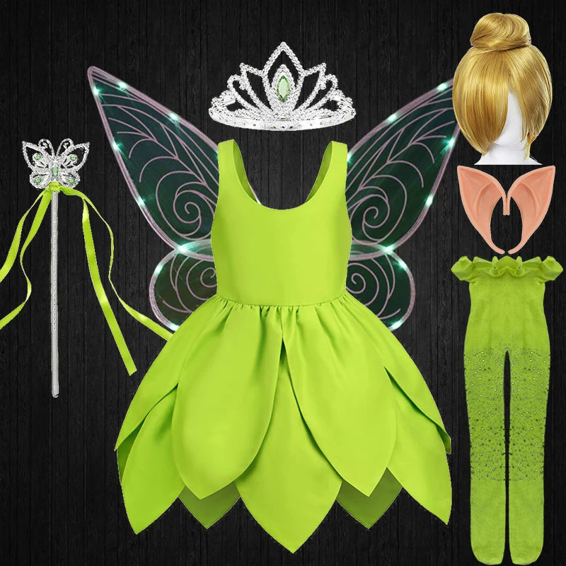Summer Fancy Girl Green Elf Tinker Bell Backless Dress Christmas Halloween Kids Cosplay Birthday Party Fairy Princess Costumes