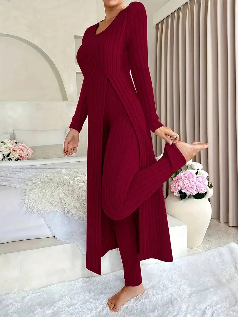 2025 Autumn Winter Home Casual Women's Suit Fashionable Solid Color Round Collar Super Long Slit Top Slim Trousers Two-piece Set