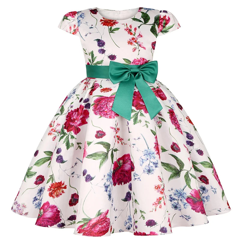 Seven Colours Flowers Girls Dress Summer Big Bow Fashion Christmas Princess Dress Birthday Party Gift 2-10 Years Kids Clothes