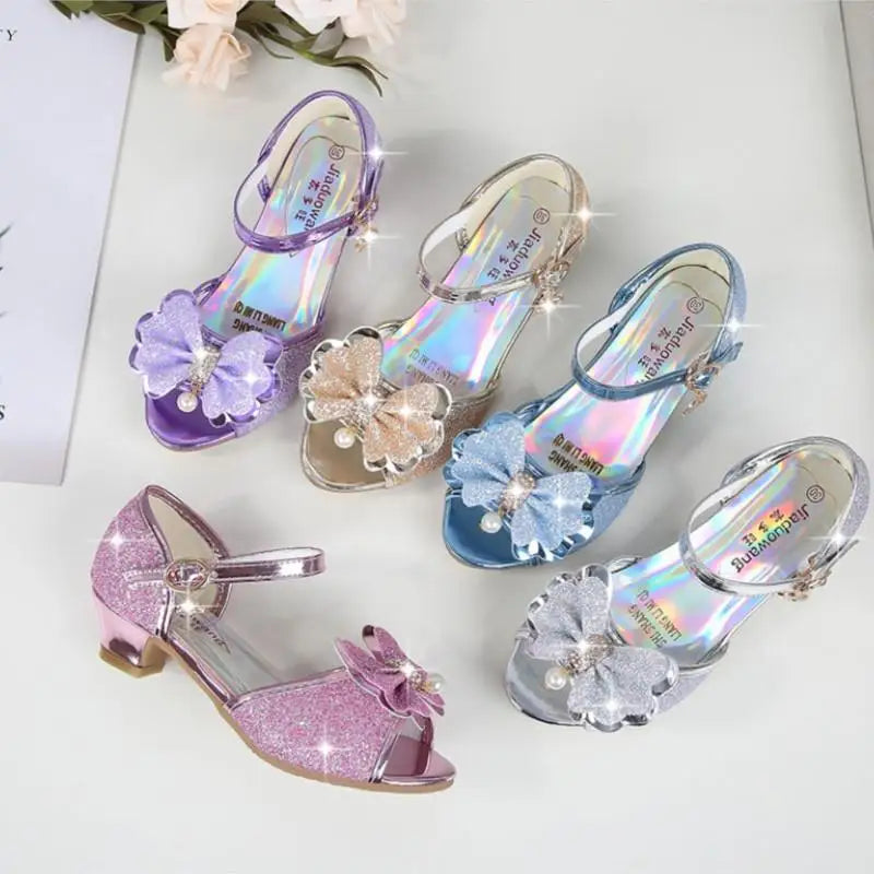 2025 Children Princess Sandals Kids Girls Wedding Shoes High Heels Dress Shoes Bowtie Gold Pink Blue Silver Shoes For Girls