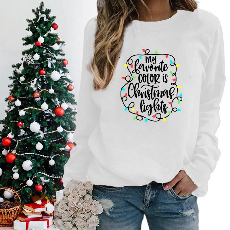 Funny My Favourite Color Is Christmas Lights Print Sweatshirt For Women Crew Neck Long Sleeves Pullover Christmas Sweatshirts