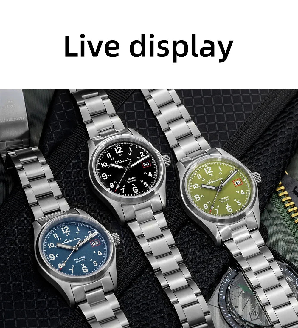 ADDIESDIVE Mechanical Watches New AD2070  Leather Strap BGW9 Super Luminous Sapphire 39mm Watches 20Bar Waterproof Reloj Hombre