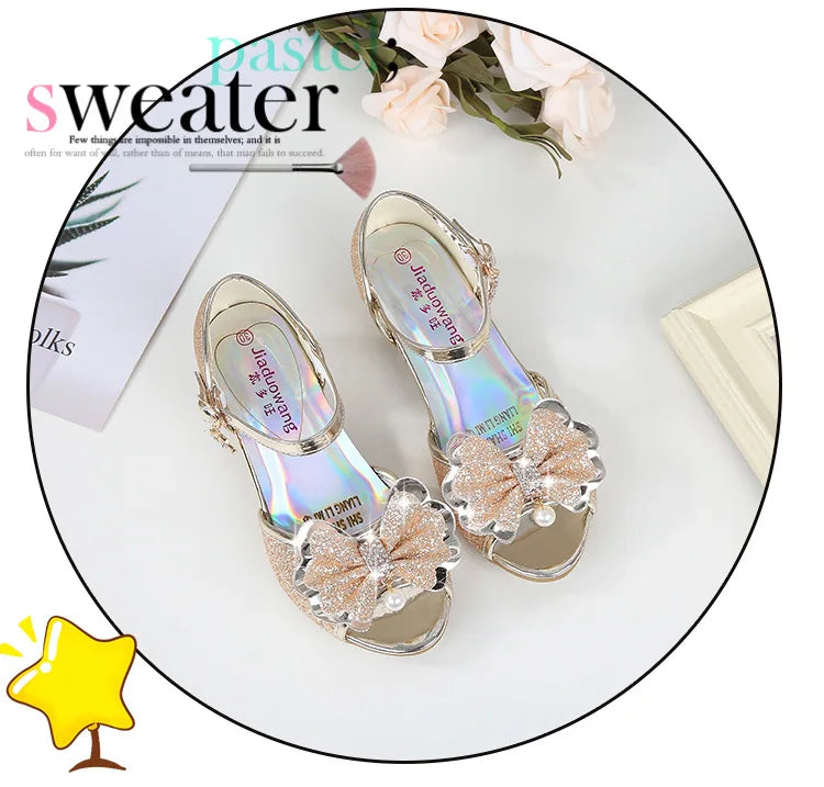 2025 Children Princess Sandals Kids Girls Wedding Shoes High Heels Dress Shoes Bowtie Gold Pink Blue Silver Shoes For Girls