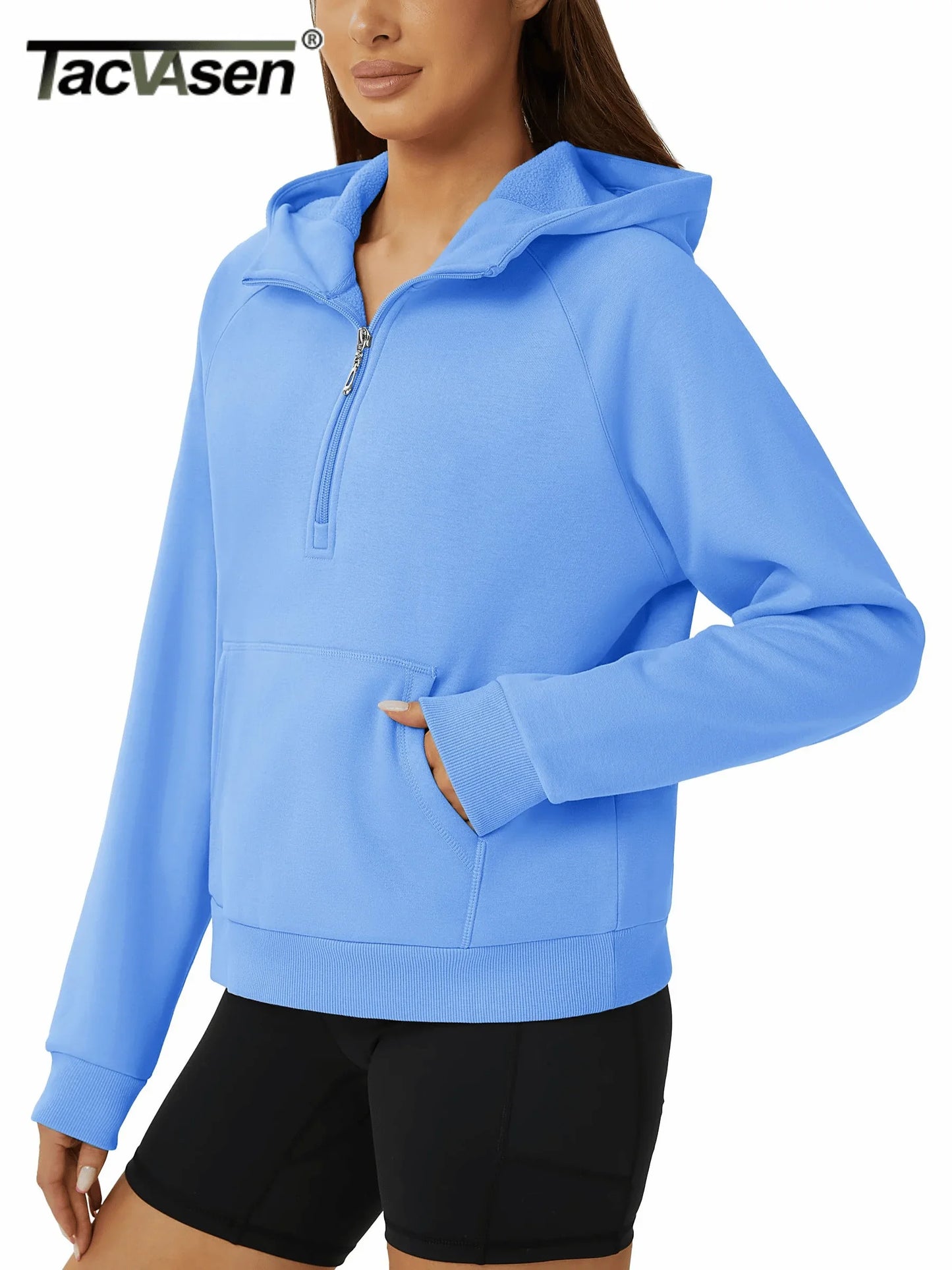 TACVASEN Winter Half Zip Hooded Cotton Pullover Womens Fleece Lined Warm Sweatshirt Thermal Lightweight Outdoor Casual Crop Tops