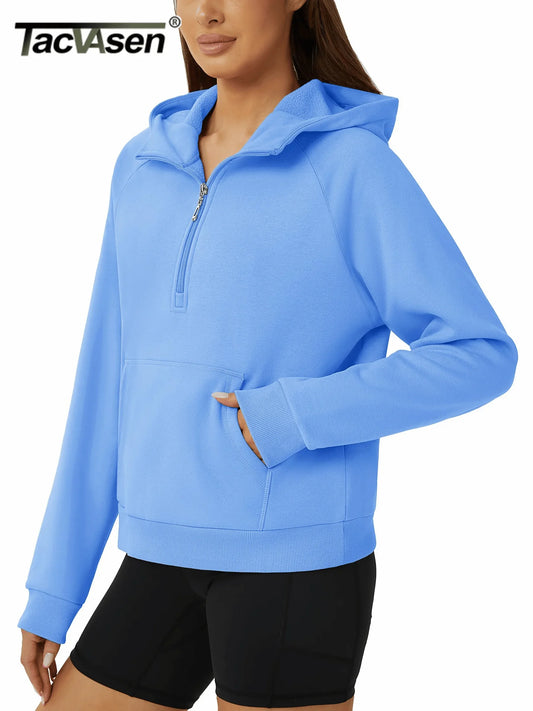 TACVASEN Winter Half Zip Hooded Cotton Pullover Womens Fleece Lined Warm Sweatshirt Thermal Lightweight Outdoor Casual Crop Tops