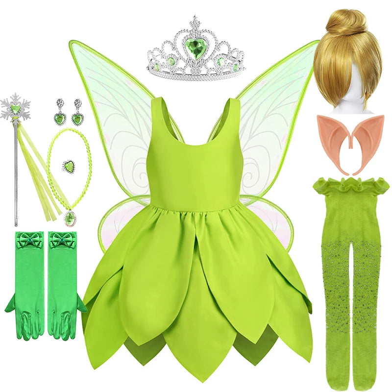 Summer Fancy Girl Green Elf Tinker Bell Backless Dress Christmas Halloween Kids Cosplay Birthday Party Fairy Princess Costumes
