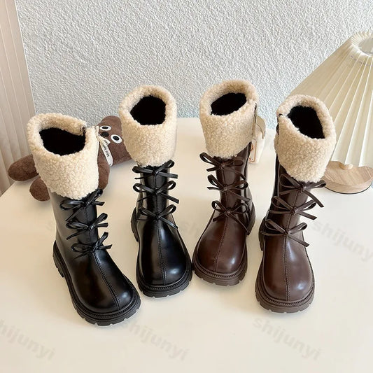 Children's Snow Boots Warm Non Slip Bowknot 2025 Winter New Plush Girls Soft Sole Cotton Boots Comfortable Shoes Kids Long Boots