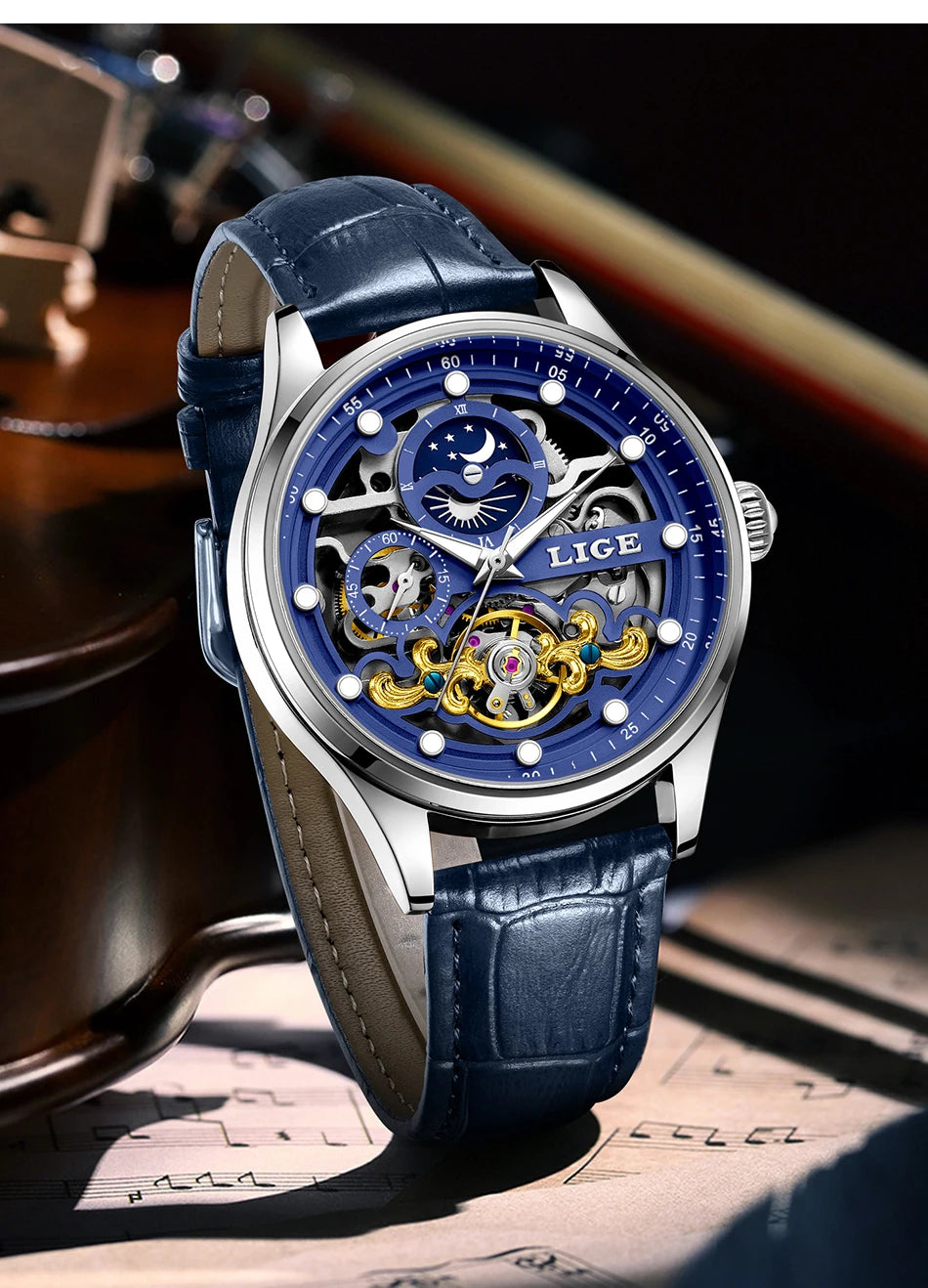 Reloj Hombre Watches Mens LIGE Top Brand Luxury Skeleton Tourbillon Automatic Mechanical Watch for Men Waterproof+Watch Box