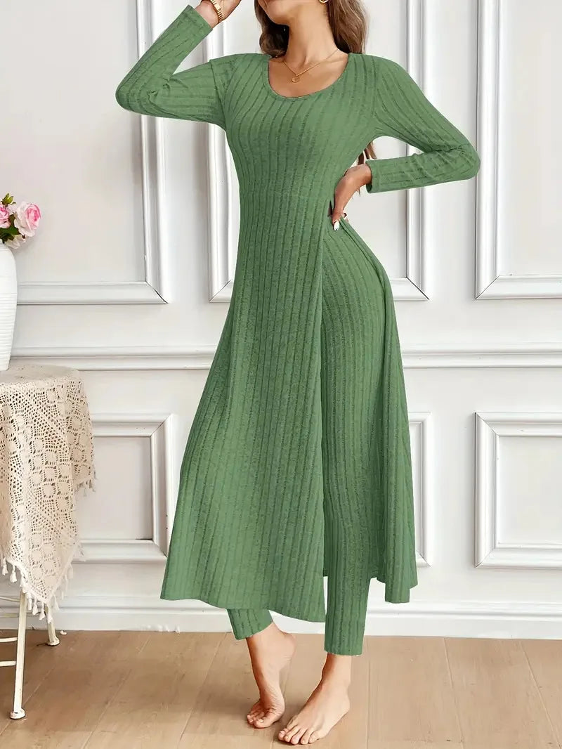 2025 Autumn Winter Home Casual Women's Suit Fashionable Solid Color Round Collar Super Long Slit Top Slim Trousers Two-piece Set