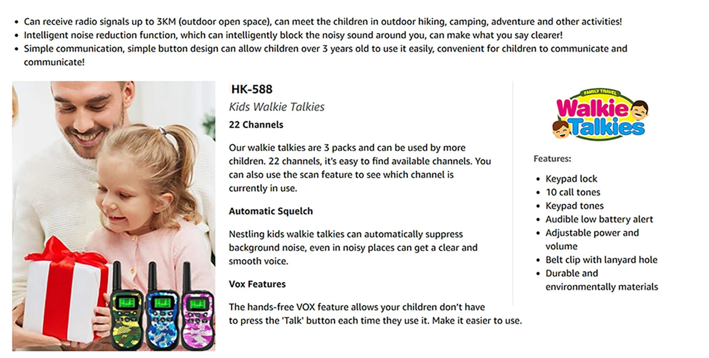 Walkie Talkies for Kids, 22 Channels 2 Way Radio Toy 3 KM Range, Best Christmas Birthday Gifts for 3-12 Year Old Kids to Outside