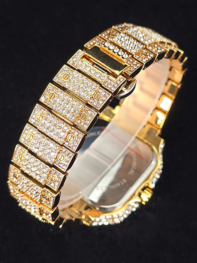 Men's Hip Hop Quartz Watch Fashion Iced out Diamond Men Watch Square Dial Calendar Luminous Feature Wristwatches Gift for Man
