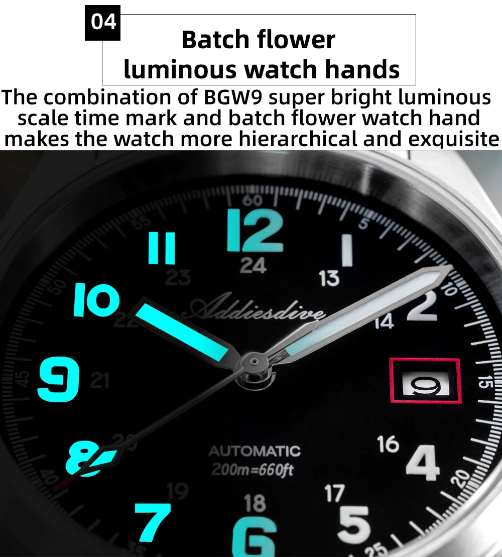ADDIESDIVE Mechanical Watches New AD2070  Leather Strap BGW9 Super Luminous Sapphire 39mm Watches 20Bar Waterproof Reloj Hombre
