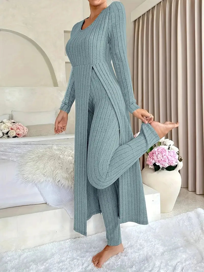 2025 Autumn Winter Home Casual Women's Suit Fashionable Solid Color Round Collar Super Long Slit Top Slim Trousers Two-piece Set