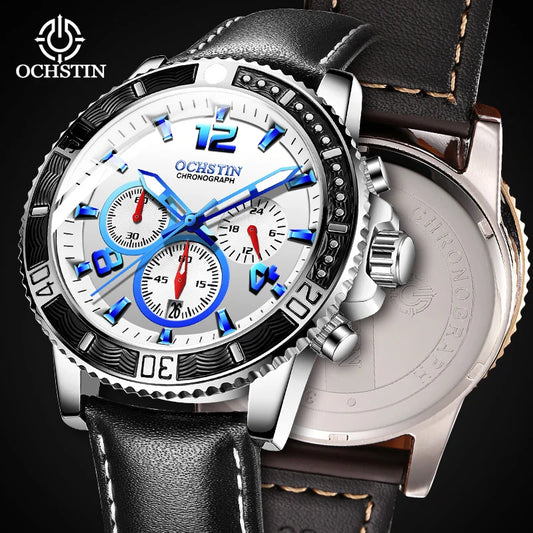 OCHSTIN New Watch Casual Three Eyes Pilot Series Multi functional Quartz Movement Clock Men's Quartz Waterproof Wirstwatch