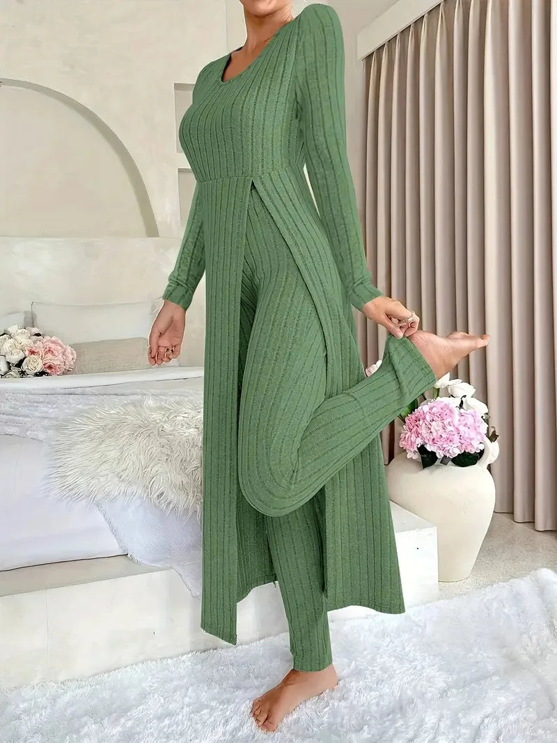 2025 Autumn Winter Home Casual Women's Suit Fashionable Solid Color Round Collar Super Long Slit Top Slim Trousers Two-piece Set