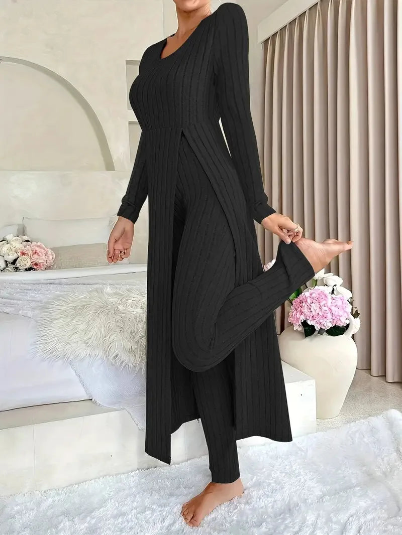 2025 Autumn Winter Home Casual Women's Suit Fashionable Solid Color Round Collar Super Long Slit Top Slim Trousers Two-piece Set