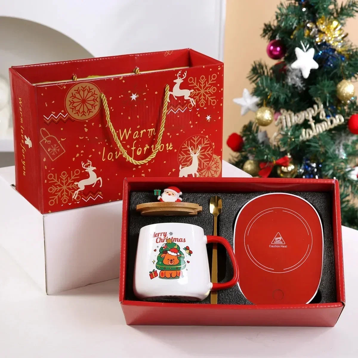 New Year Heartwarming Christmas Gift Set:Thermostat Mugs Cup Santa Claus Ceramic Cup Lid Spoon Mugs Coffee Cups Office or Home