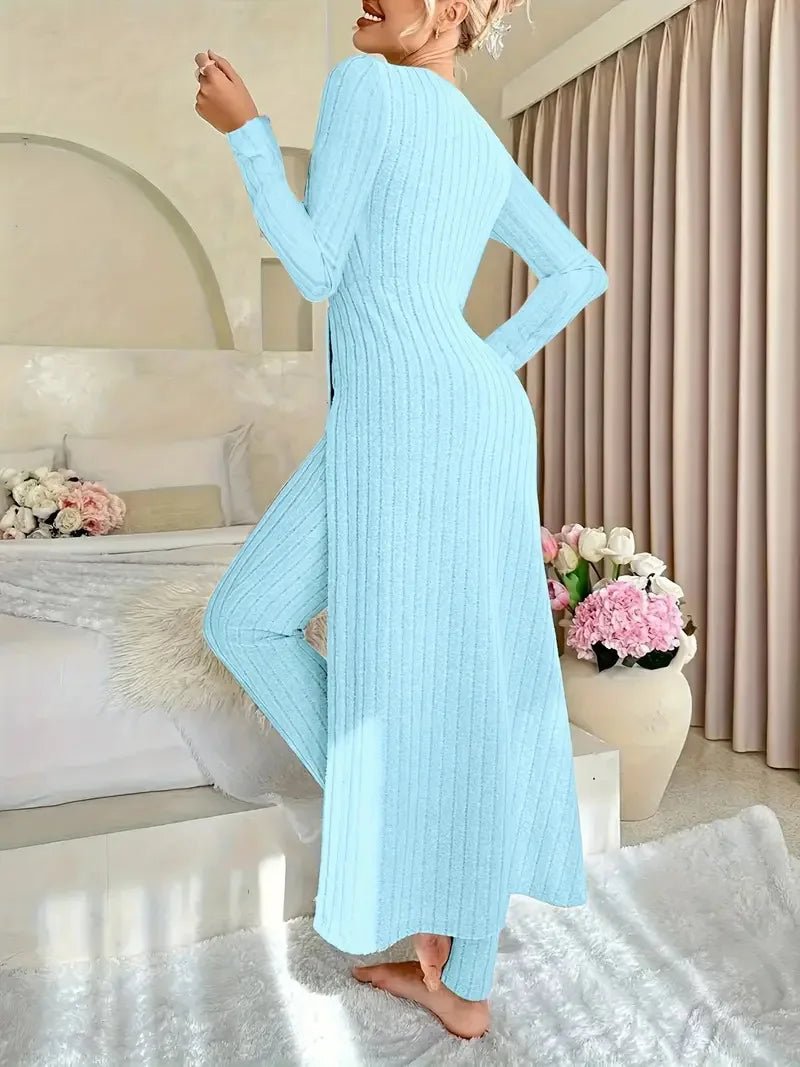 2025 Autumn Winter Home Casual Women's Suit Fashionable Solid Color Round Collar Super Long Slit Top Slim Trousers Two-piece Set