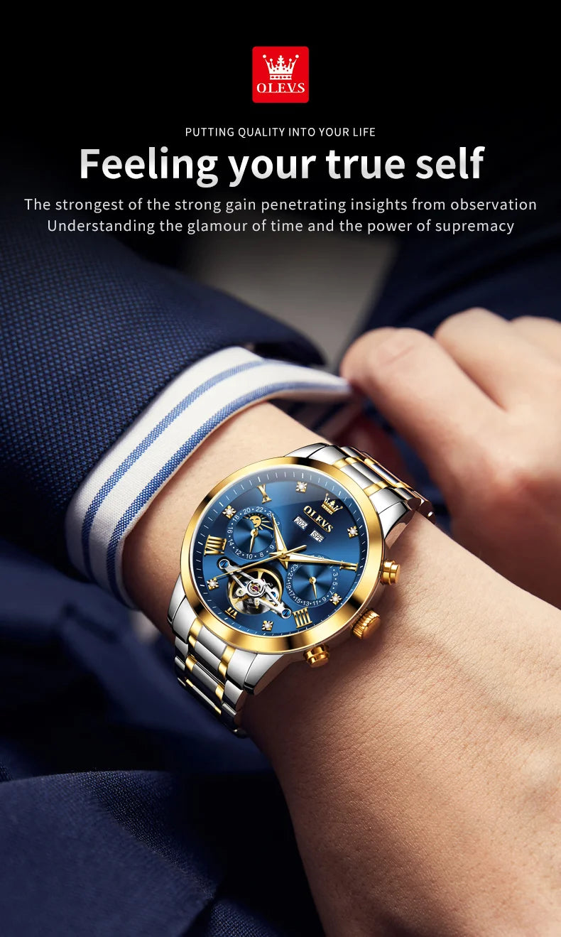 OLEVS 7029 Luxury Man Watch Stainless Steel Hollow Flywheel Moon Phase Exclusive Mechanical Movement Automatic Men's Watches New