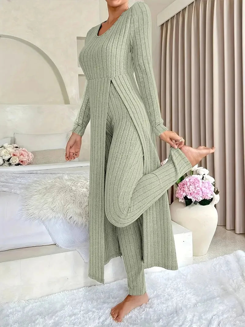 2025 Autumn Winter Home Casual Women's Suit Fashionable Solid Color Round Collar Super Long Slit Top Slim Trousers Two-piece Set