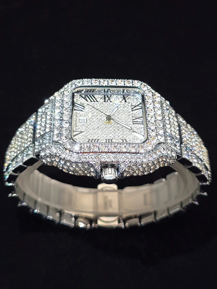Men's Hip Hop Quartz Watch Fashion Iced out Diamond Men Watch Square Dial Calendar Luminous Feature Wristwatches Gift for Man