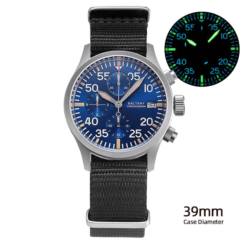 Baltany 39mm Military Chronograph Watch Man S5045 Sapphire Crystal 10ATM Stainless Steel VK67 Calendar Retro Quartz Wristwatches